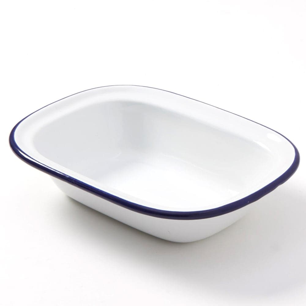 American Metalcraft EWB8 16 oz Oblong Enamelware Bowl - White w/ Blue Rim