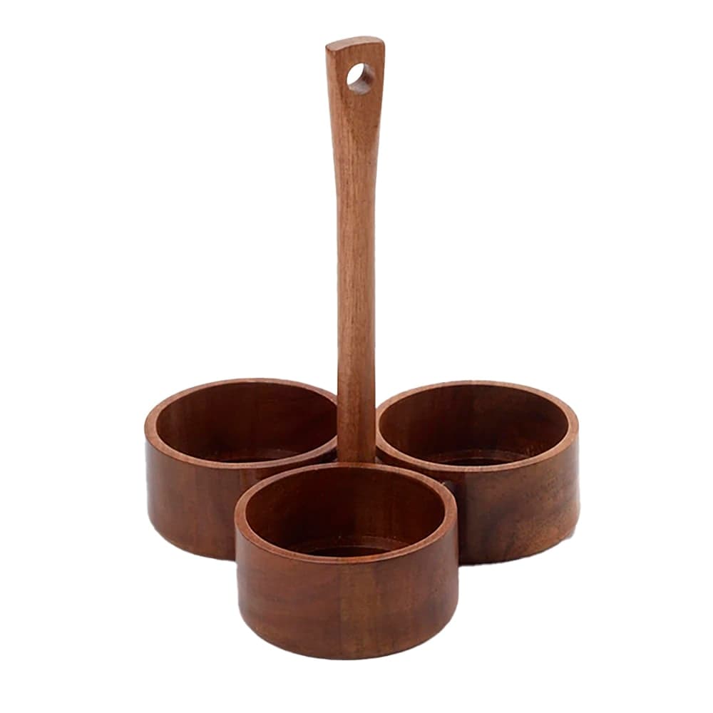 American Metalcraft SCAW7 3 Compartment Round Condiment Caddy - Wood, Brown