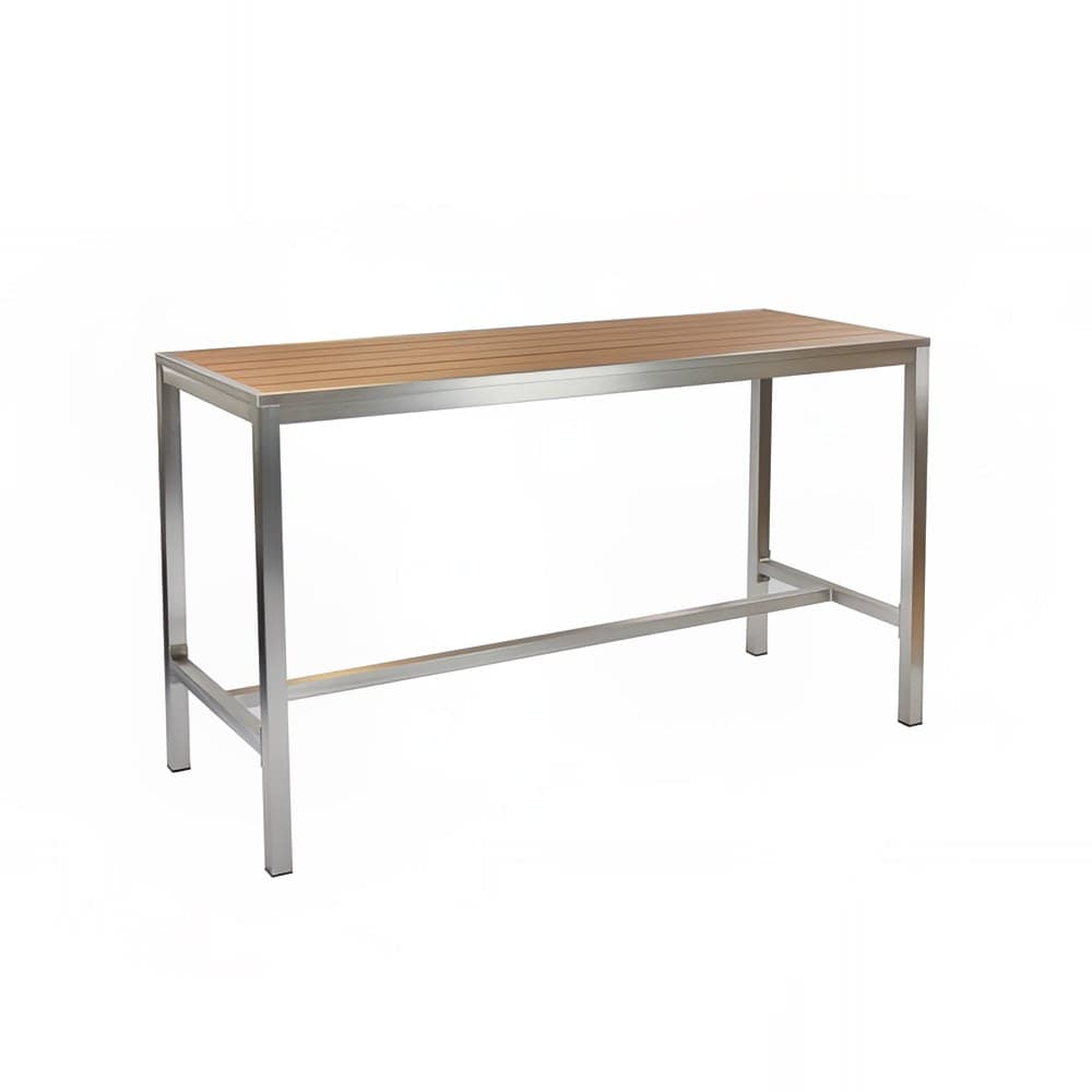 emu Rectangular Outdoor Bar Height Table - 72" x 28", Brushed Aluminum & Faux Oak (A1550)