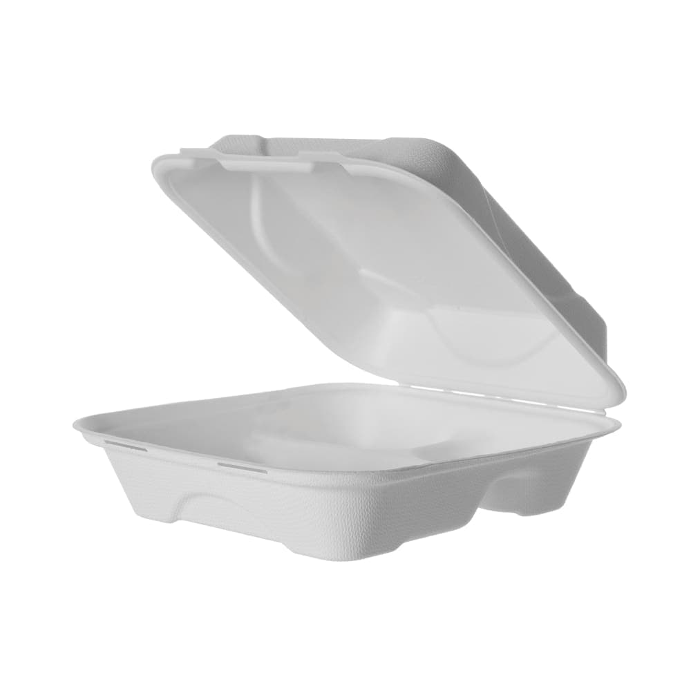 Eco Products (3) Compartment Hinged Lid Food Container - 8" x 8" x 3", Molded Fiber (EP-HC83)
