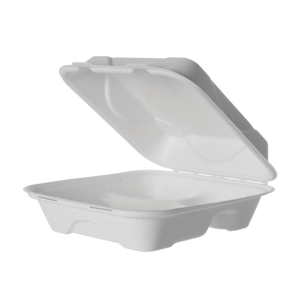 Eco Products Vanguard® (3) Compartment Hinged Lid Food Container - 8" x 8" x 3", Molded Fiber (EP-HC83NFA)