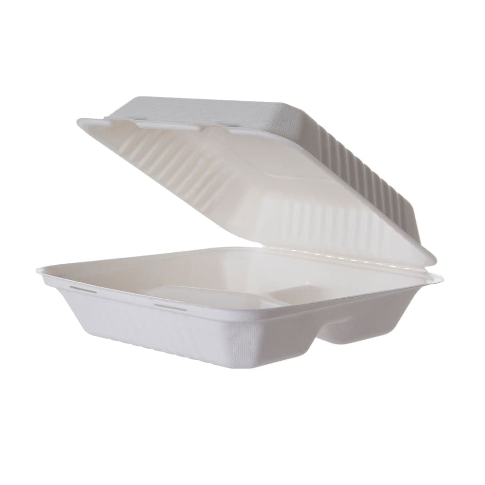 Eco Products (3) Compartment Hinged Lid Food Container - 9" x 9" x 3", Molded Fiber (EP-HCL93)