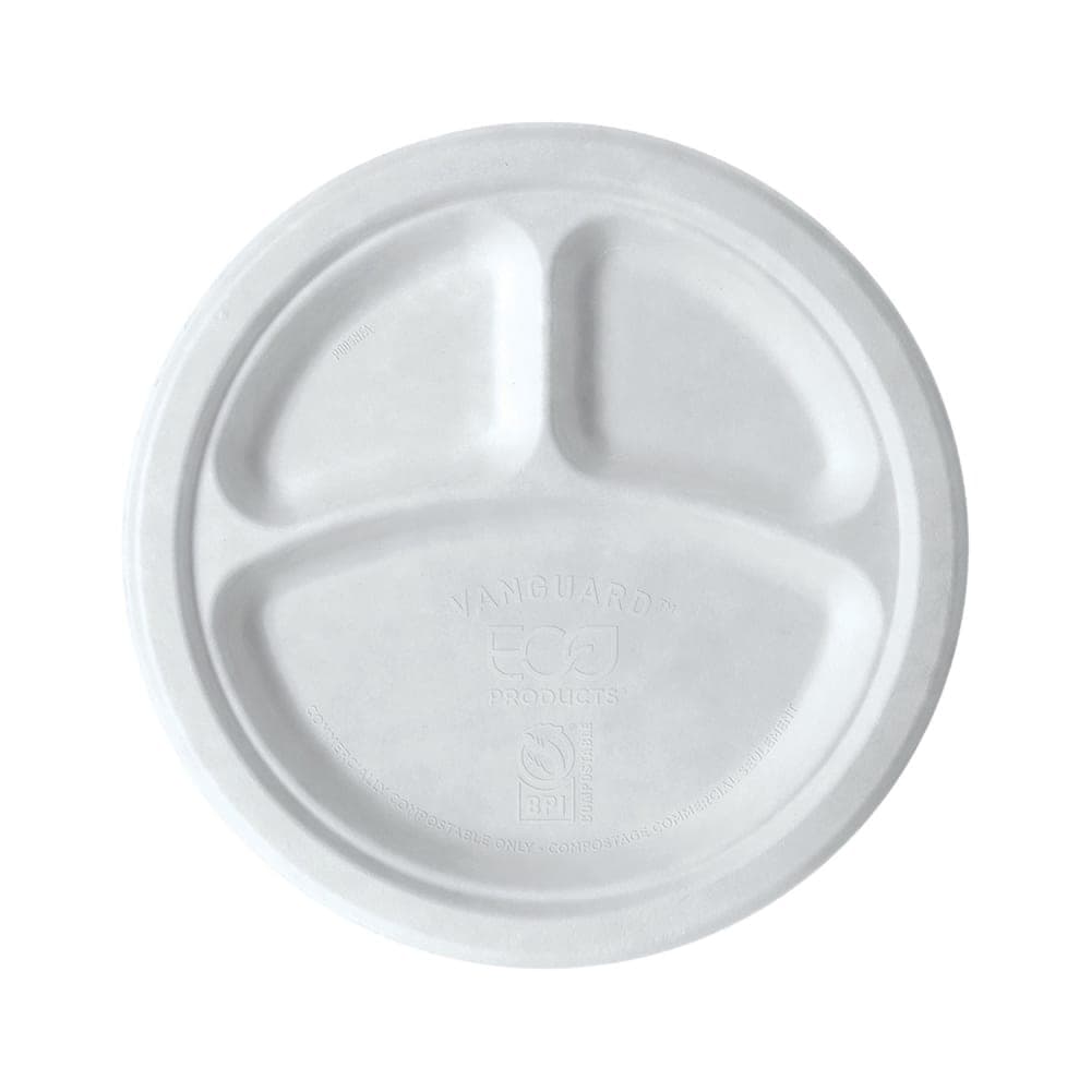 Eco Products Vanguard® WorldView™ 10" Round Disposable Plate w/ (3) Compartments - Molded Fiber, White (EP-P007NFA)