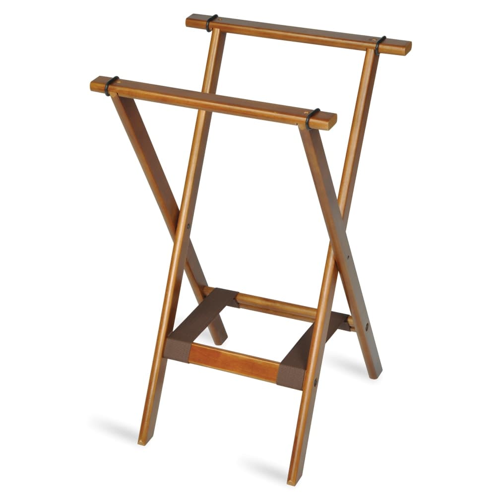 CSL 30"H Folding Tray Stand w/ Brown Straps - 18 1/2" x 17" Top, Wood Frame w/ Dark Walnut Finish (1170BSO)