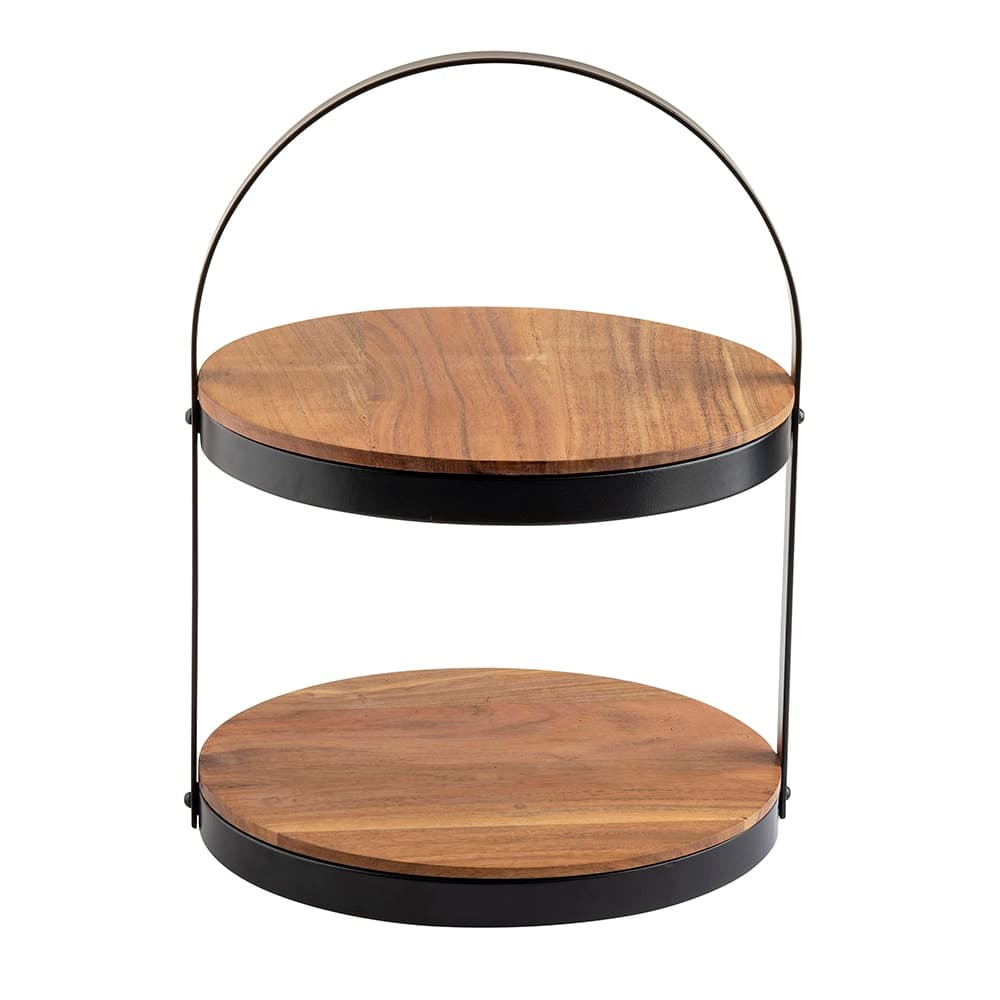 Tablecraft 10719 2 Tier Round Display Stand - 12"D x 16"H, Acacia Wood/Black Metal Frame