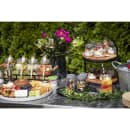 Tablecraft 10719 2 Tier Round Display Stand - 12"D x 16"H, Acacia Wood/Black Metal Frame thumbnail 3