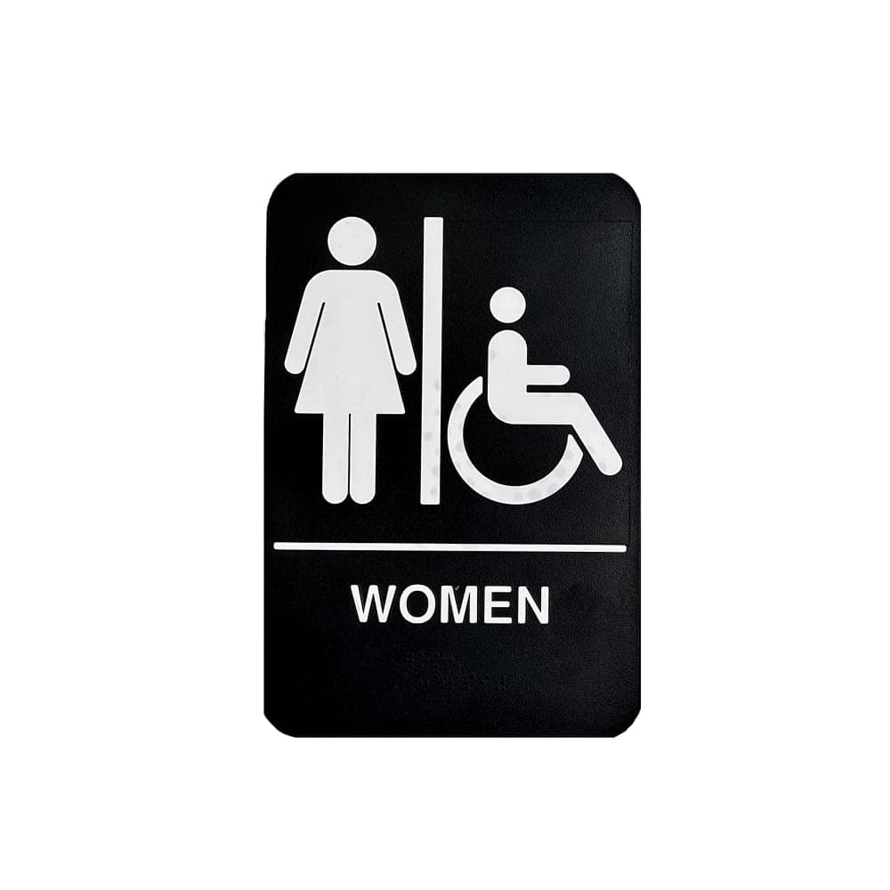 Tablecraft 11673 6" x 9" Women/Accessible Sign - Braille, White on Black