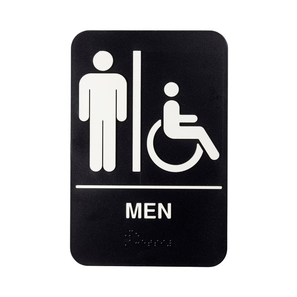 Tablecraft 11674 6" x 9" Men/Accessible Sign - Braille, White on Black