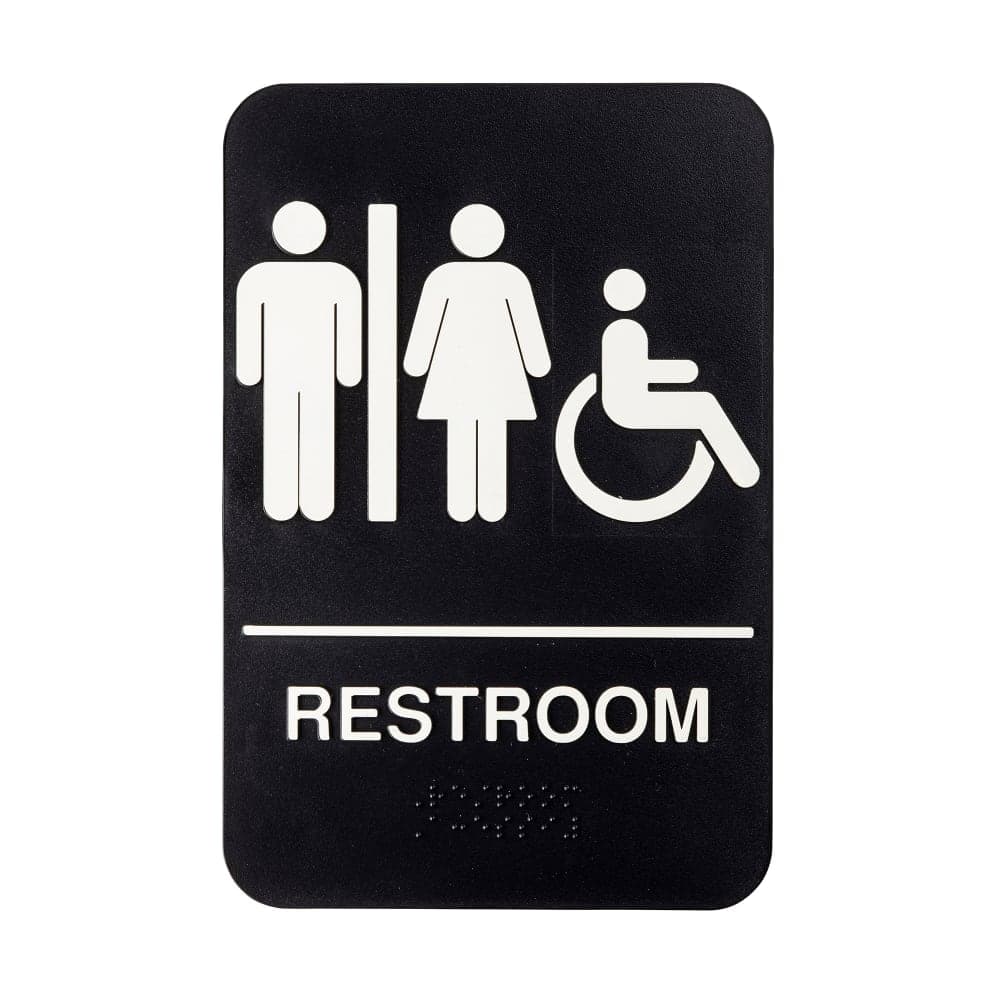 Tablecraft 11676 6" x 9" Restroom/Accessible Sign - Braille, White on Black