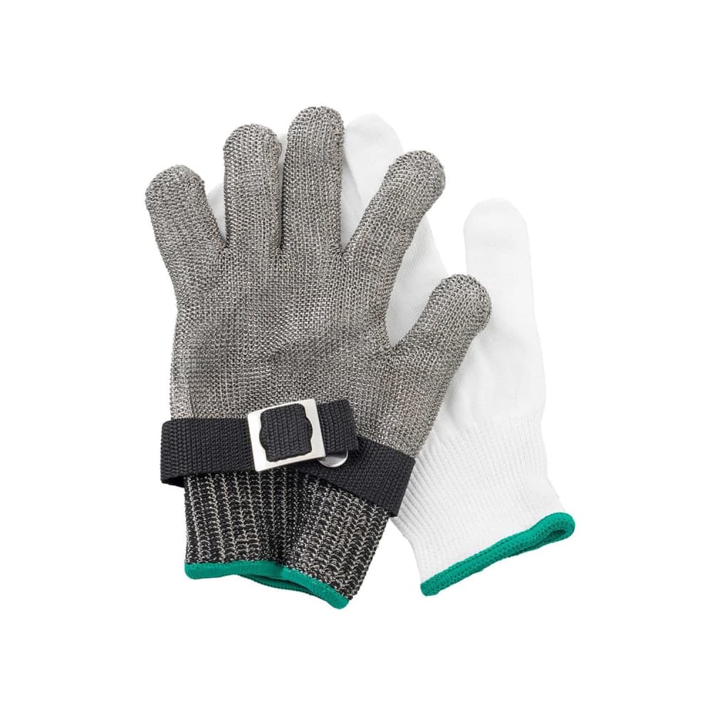 Tablecraft 11738 Medium Cut Resistant Glove - Stainless Steel, Gray w/ Green Wrist Band