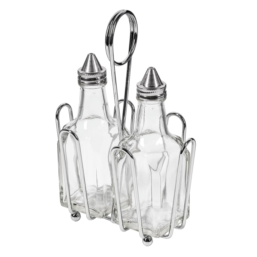 Tablecraft 600ST 6 oz Cruet Set w/ Chrome Rack & Stainless Steel Tops - Glass, Clear