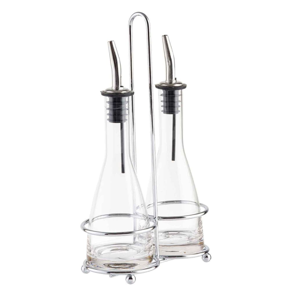 Tablecraft 611N 6 oz Cruet Set w/ Chrome Rack & Stainless Steel Pourers - Glass, Clear