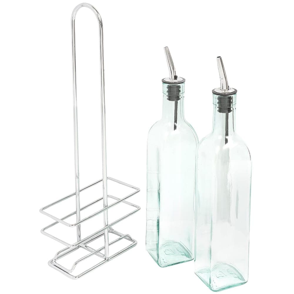 Tablecraft H916N 16 oz Cruet Set w/ Chrome Rack & Stainless Steel Pourers - Glass, Green Tint