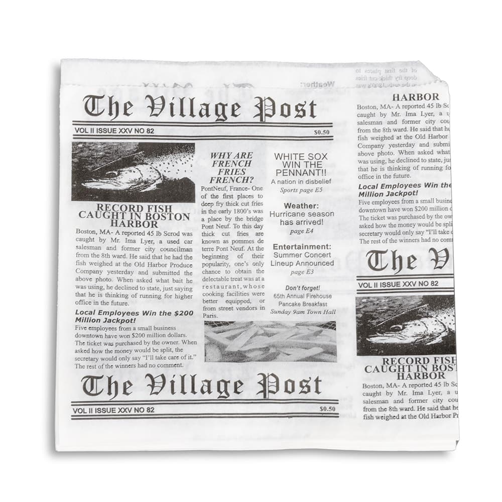 GET 7" Square Basket Liner Paper Bags - Village Post Newsprint, White (4-T3000)
