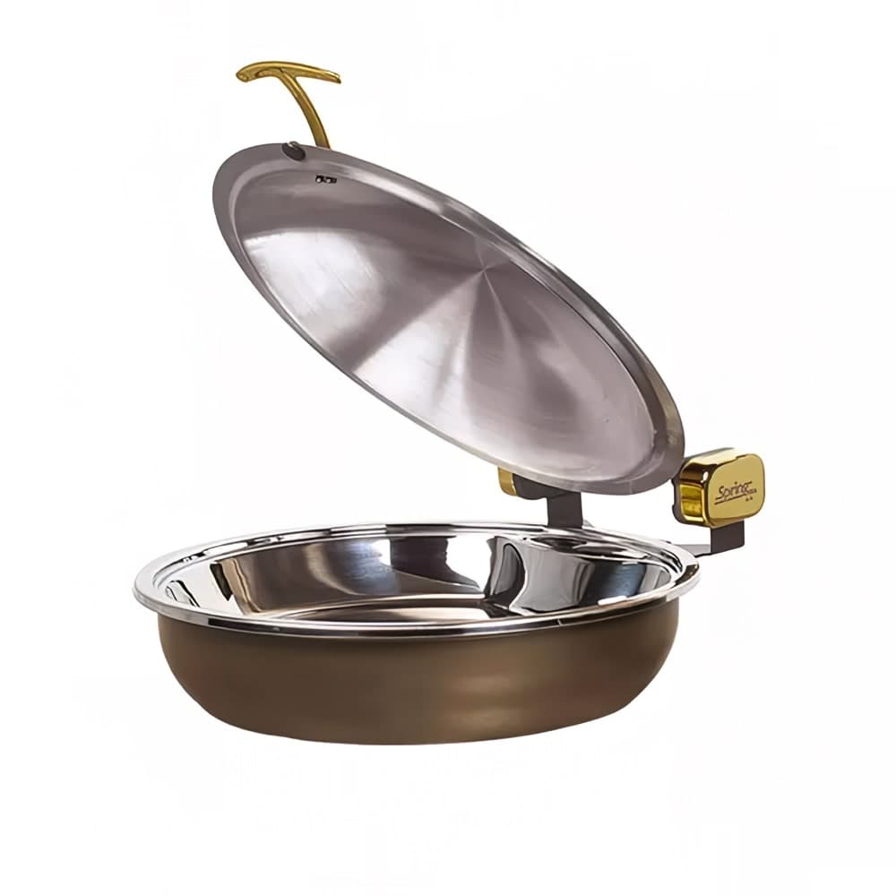 Spring USA 2382-587/36 15 1/4" Steel Sauteuse Pan Chafing Dish - Induction Ready, Bronze w/ Black Pearl Accents