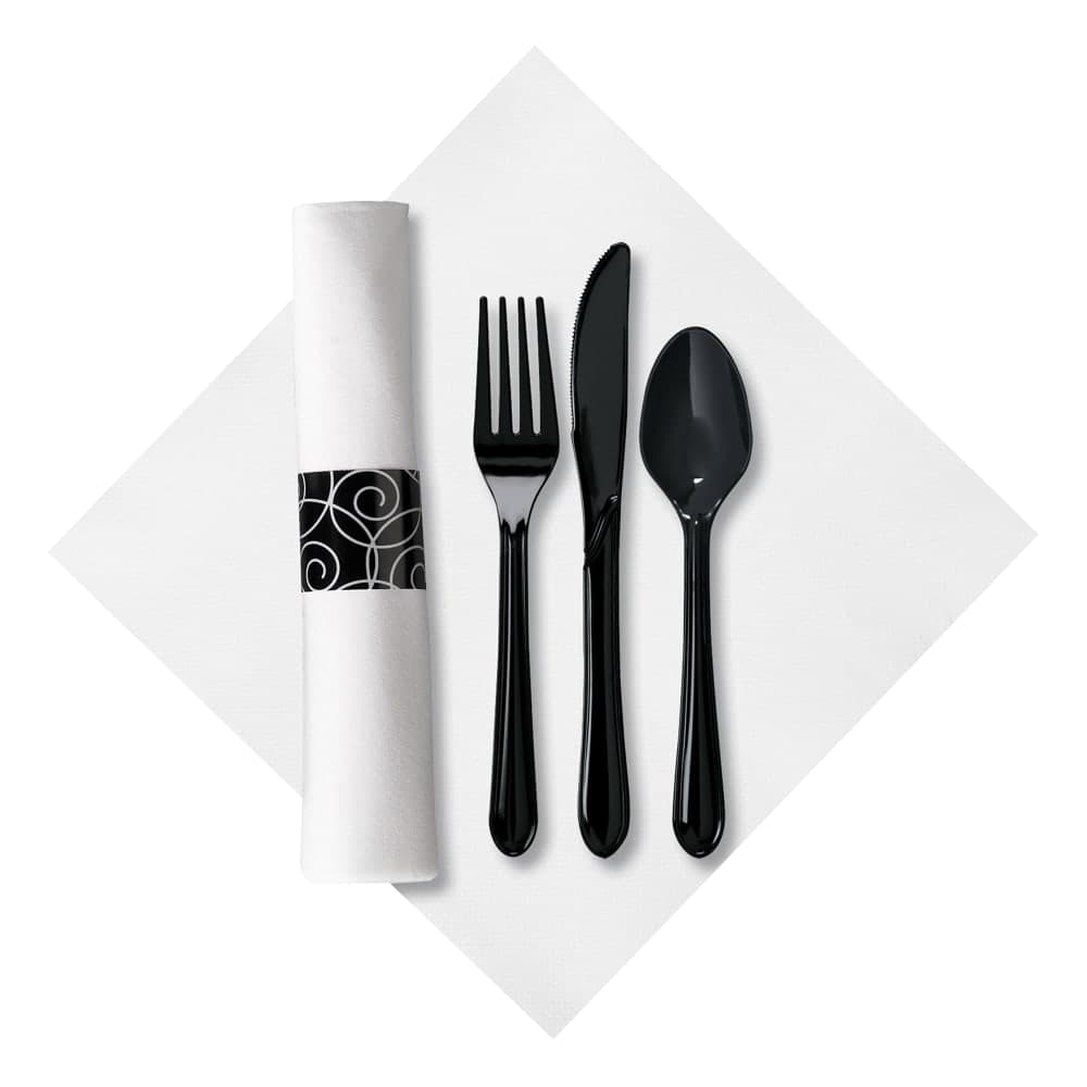 Hoffmaster CaterWrap® Linen-Like® Heavy Weight Disposable Cutlery Set - Plastic, Black (119971)