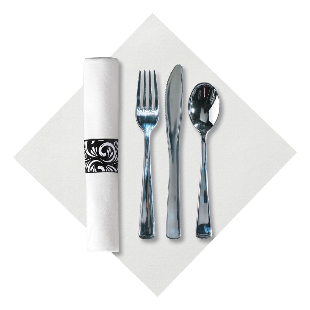 Hoffmaster CaterWrap® Linen-Like® Heavy Weight Disposable Cutlery Set - Plastic, Silver (119978)