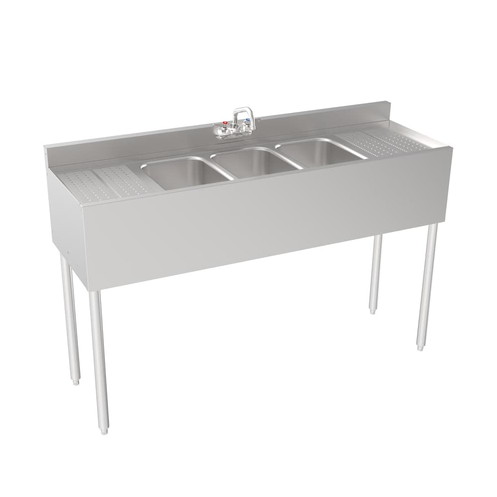 Krowne 18-53C 60" Silver Series 3 Compartment Sink w/ 10"L x 14"W Bowls, 7" Deep