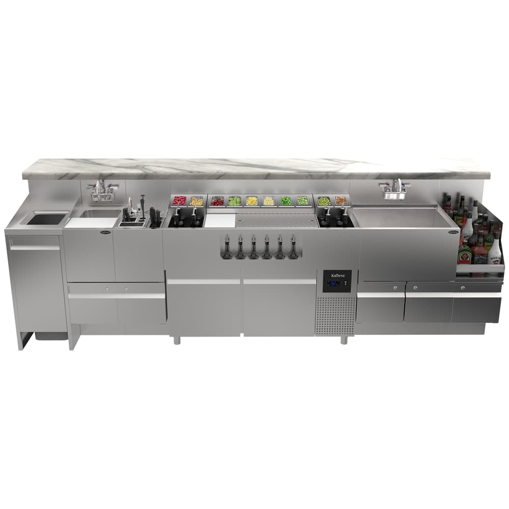 Krowne AL24-AL122-R 122" Alchemy Series Cocktail Station w/ Trash Chute, Dump Sink, Tool Caddy, Liquor Display & Ice Bin