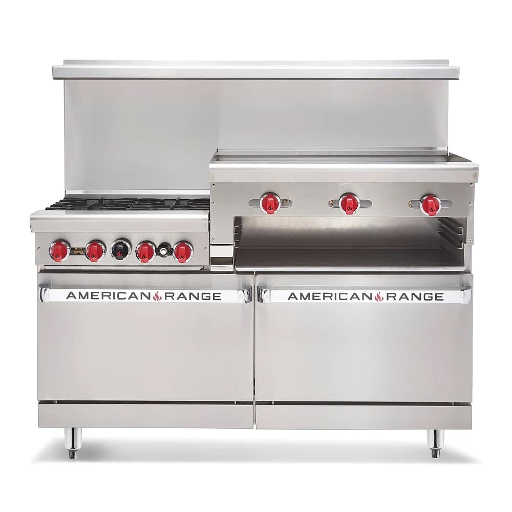 American Range AR-4B-24RG 48" 4 Burner Gas Range w/ Griddle/Broiler & (2) Space Saver Ovens, Natural Gas