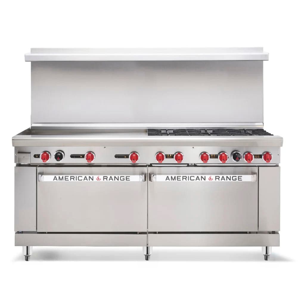 American Range AR-8B-24RG 72" 8 Burner Gas Range w/ Griddle/Broiler & (2) Standard Ovens, Liquid Propane