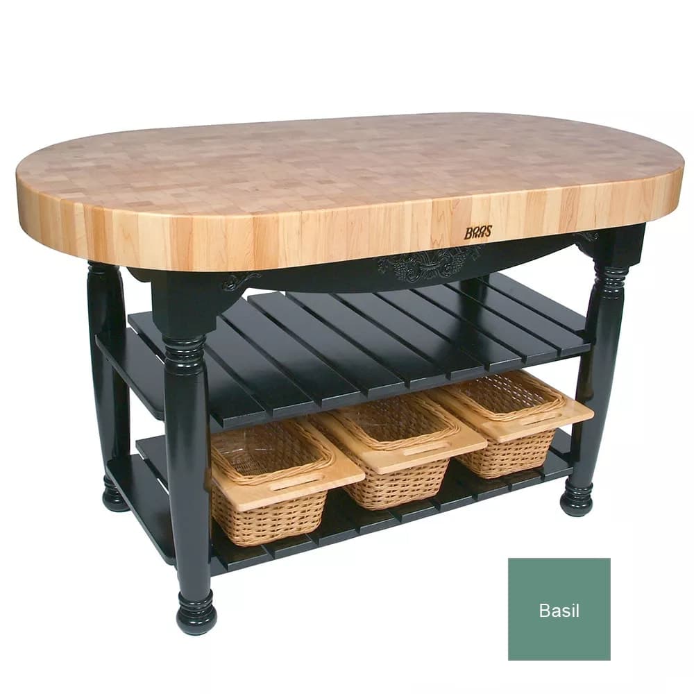 John Boos CU-HAR60 60" Oval Butcher Block, Hard Maple Top w/ Basil Green Base