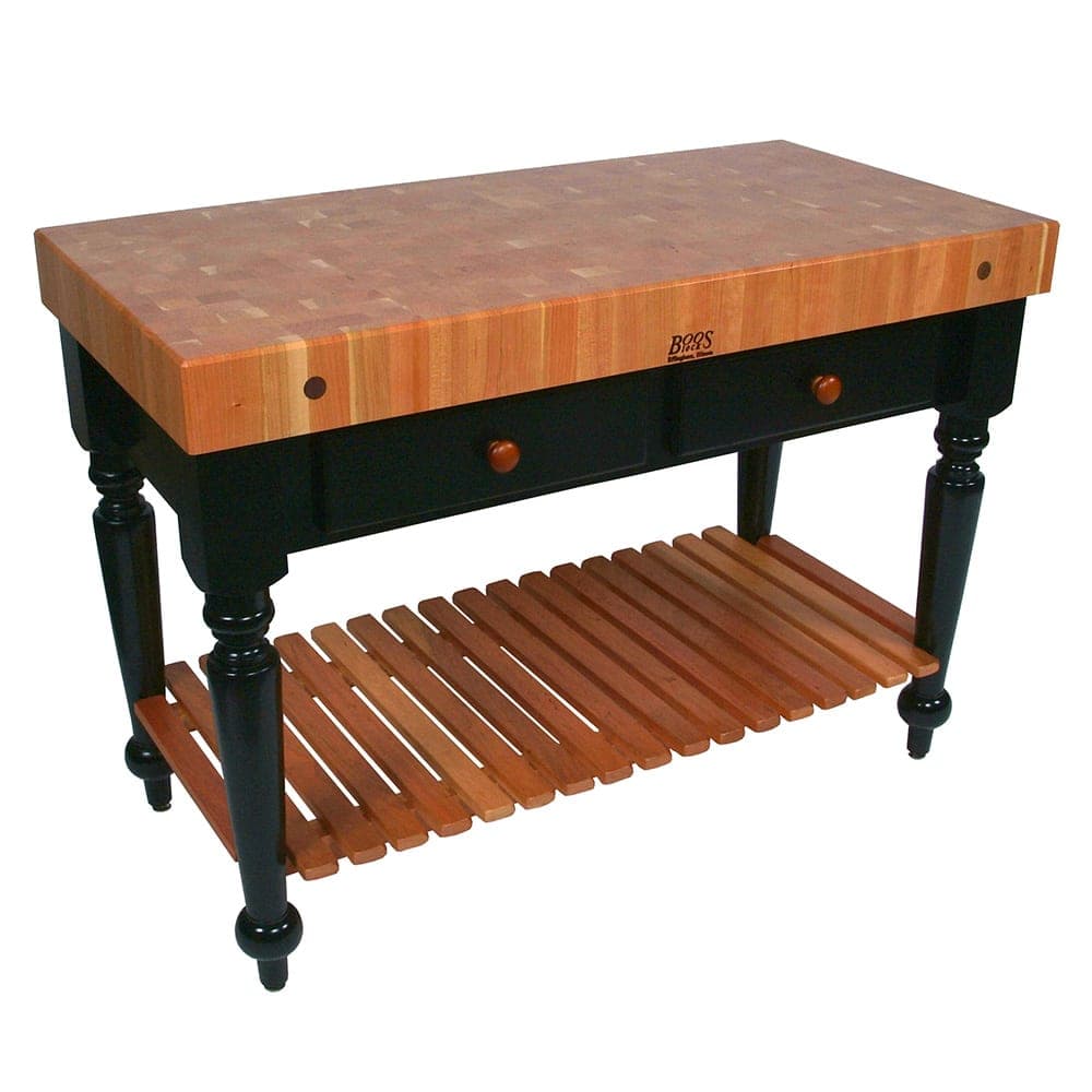John Boos RN-LR04-SSL Le Rustica Table, 4" Thick End Grain Cherry Top, Shelf, Black Base, 30 x 24"