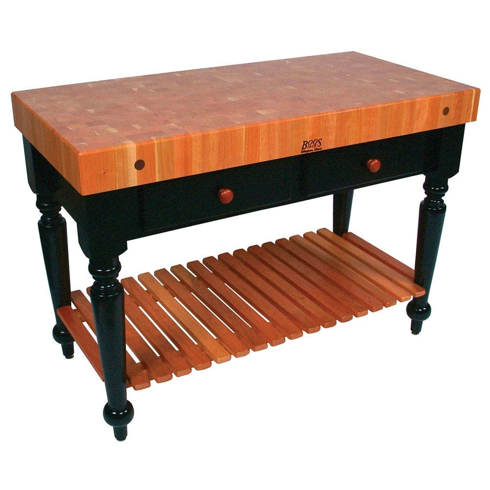John Boos RN-LR05-SSL Le Rustica Table, 4" Thick End Grain Cherry Top, Shelf, Black Base, 48 x 24"