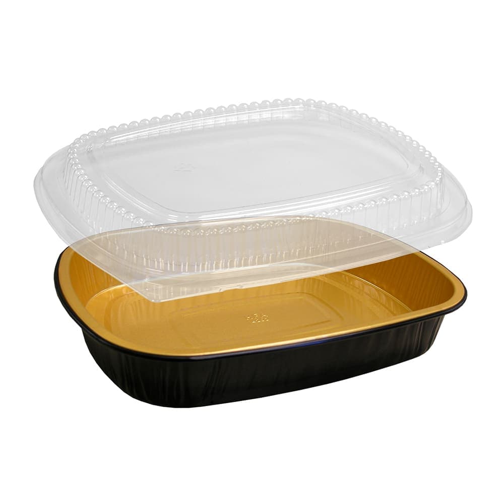 Handi-Foil To-Go Container w/ Dome Lid - 9 3/4" x 7 3/4", Black/Gold (4202-70-50WDL)