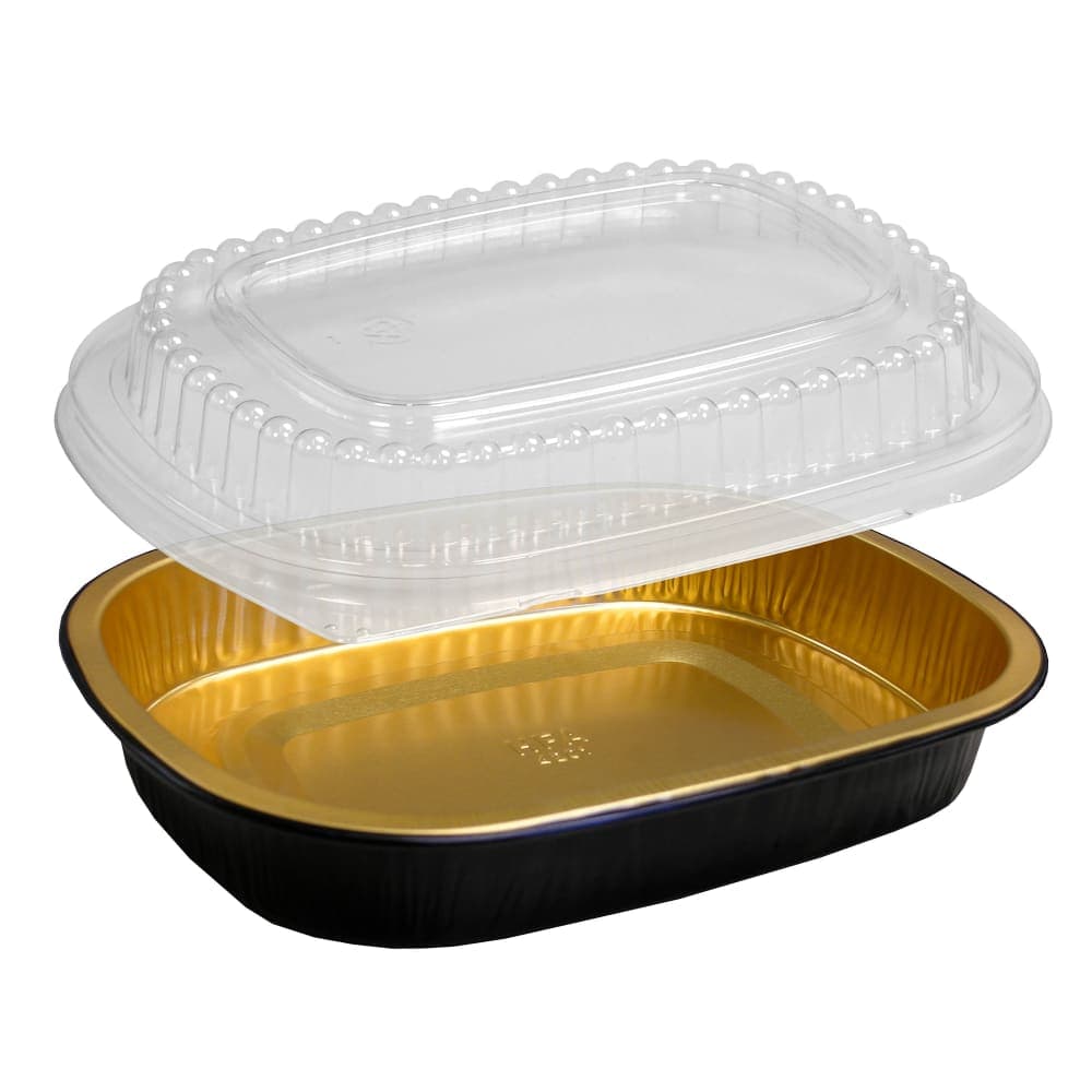 Handi-Foil Gourmet-To-Go Container w/ Dome Lid - 6 3/8" x 4 21/32", Black/Gold (4215-55-100WDL)