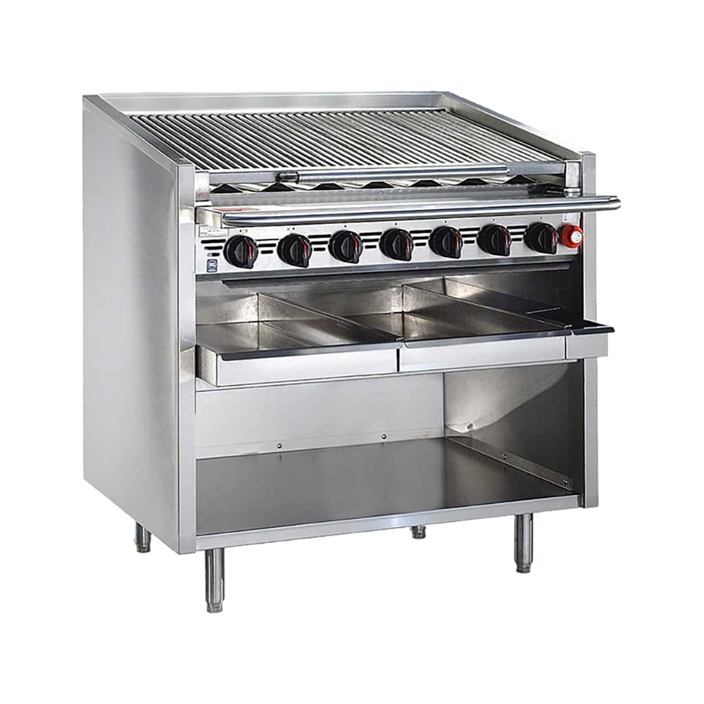 Bakers Pride F-72RS-R 72" Floor Model Gas Charbroiler w/ Cast Iron Radiants - (16) Burners, Natural Gas