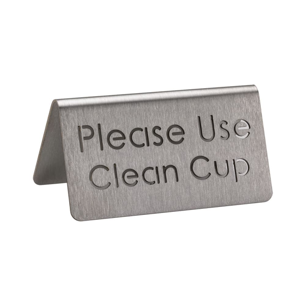 Service Ideas "Please Use Clean Cup" Beverage Table Tent Sign - 3"W x 1 1/2"H, Brushed Stainless (1C-BF-CLEANCUP-MOD)