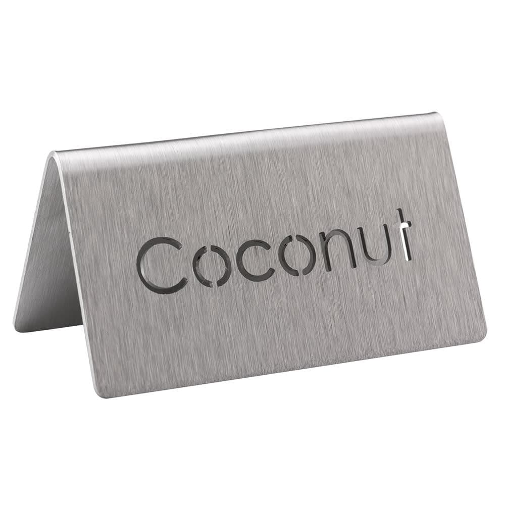 Service Ideas Coconut Beverage Table Tent Sign - 3"W x 1 1/2"H, Brushed Stainless (1C-BF-COCONUT-MOD)