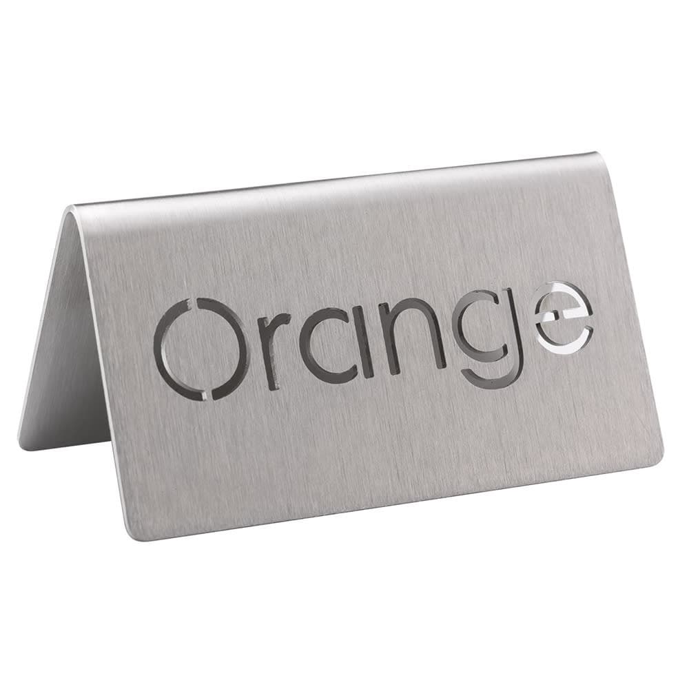 Service Ideas "Orange" Table Tent Sign - 3"W x 1 1/2"H, Brushed Stainless Steel (1C-BF-ORANGE-MOD)