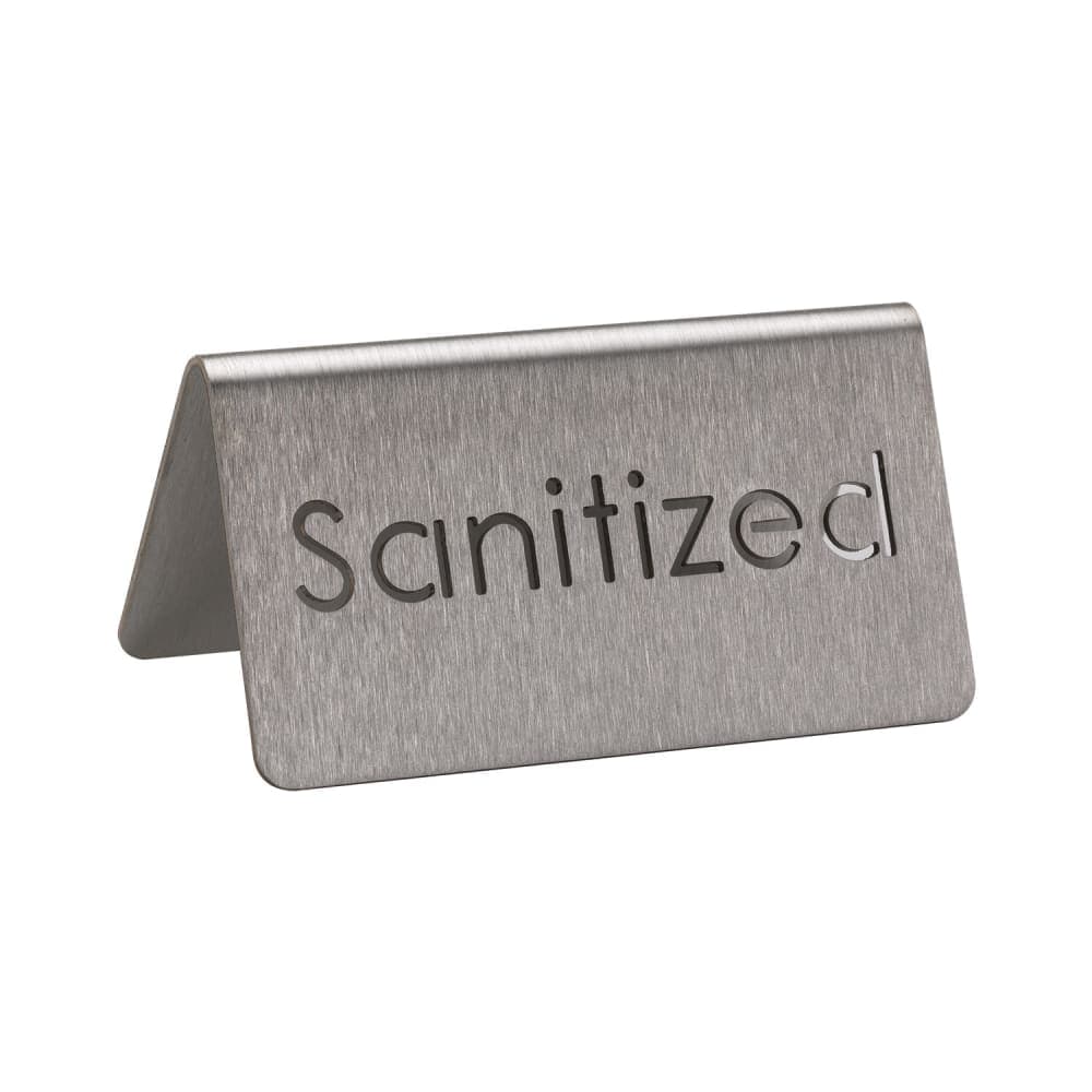 Service Ideas "Sanitized" Table Tent Sign - 3"W x 1 1/2"H, Brushed Stainless (1C-BF-SANITIZED-MOD)