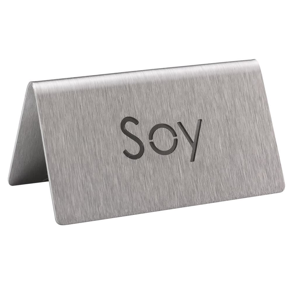 Service Ideas Soy Beverage Table Tent Sign - 3"W x 1 1/2"H, Brushed Stainless (1C-BF-SOY-MOD)