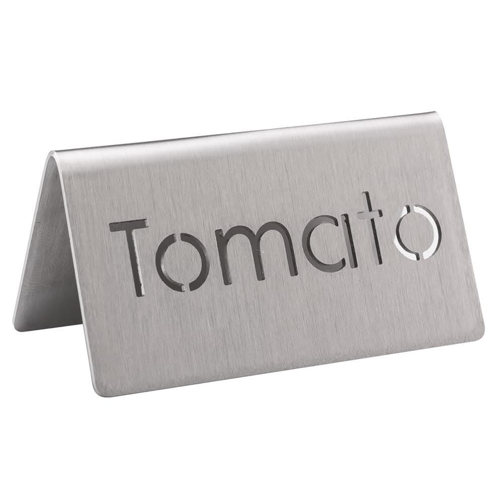Service Ideas "Tomato" Table Tent Sign - 3"W x 1 1/2"H, Brushed Stainless Steel (1C-BF-TOMATO-MOD)