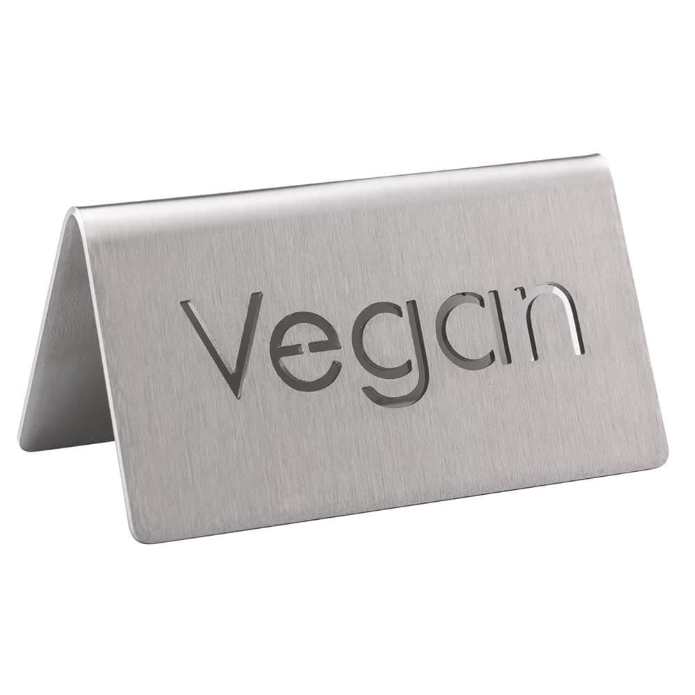 Service Ideas "Vegan" Table Tent Sign - 3"W x 1 1/2"H, Brushed Stainless Steel (1C-BF-VEGAN-MOD)