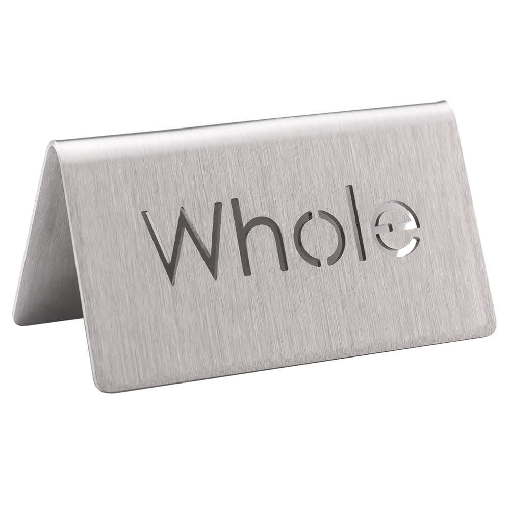 Service Ideas Whole Beverage Table Tent Sign - 3"W x 1 1/2"H, Brushed Stainless (1C-BF-WHOLE-MOD)