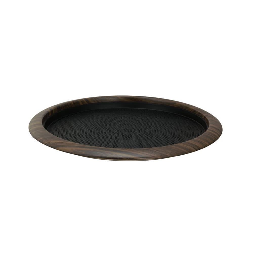 Service Ideas 14" Round Non Slip Serving Tray - Stainless Steel, Dark Wood (TR1412RIDW)