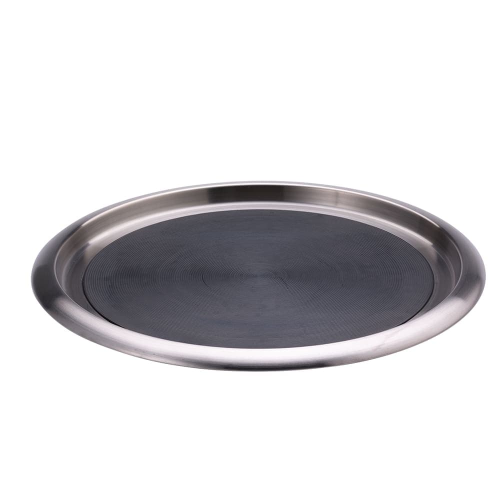Service Ideas 16" Round Non Slip Tray w/ Black Rubber Insert - Brushed Stainless Steel (TR1614SR)