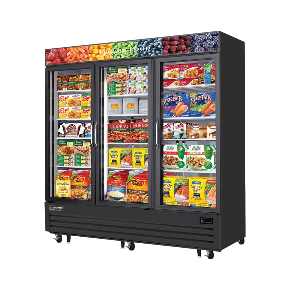 Everest Refrigeration EMGF69B 74 3/4" Three Section Display Freezer w/ Swing Door - Bottom Mount Compressor, Black, 115v
