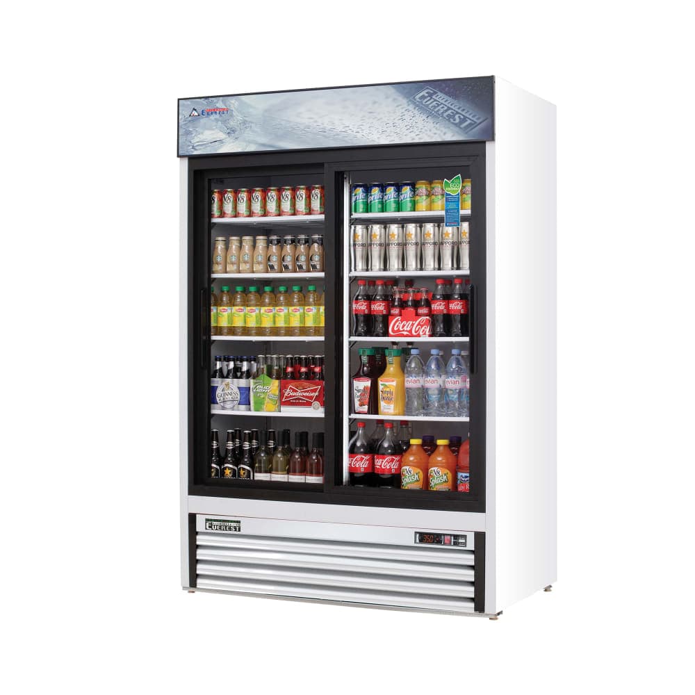 Everest Refrigeration EMGR48 53 1/8" EM Series Two Section Glass Door Merchandiser - (2) Sliding Doors, White, 115v