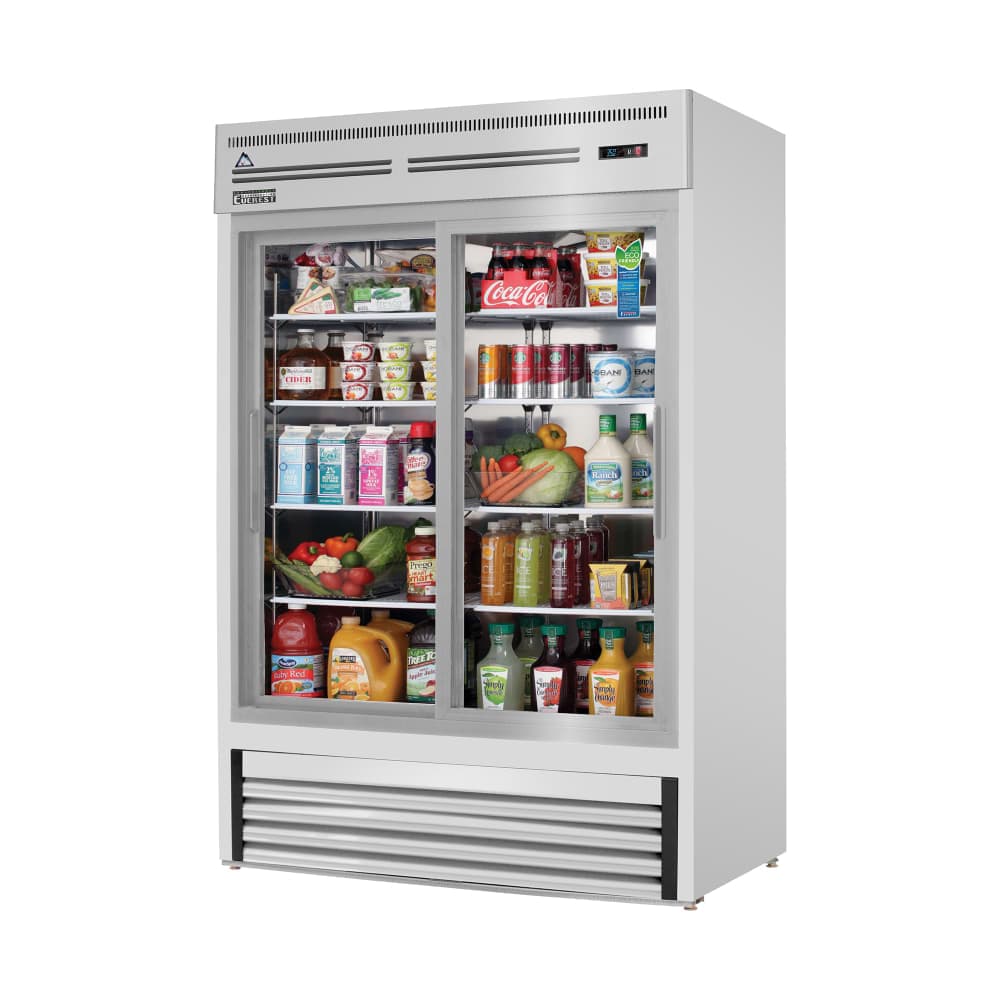 Everest Refrigeration EMGR48-SS 53 1/8" EM Series Two Section Glass Door Merchandiser - (2) Sliding Doors, Stainless, Silver, 115v