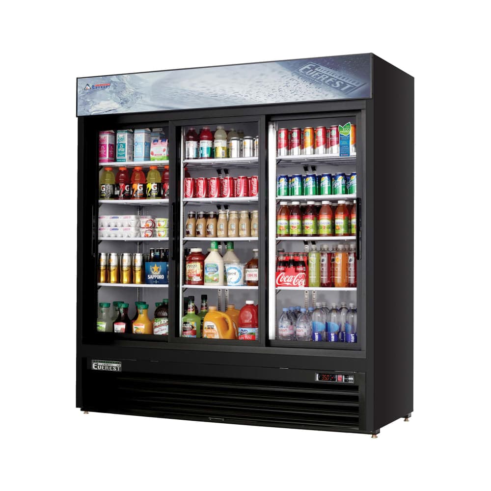 Everest Refrigeration EMGR69B 72 7/8" EM Series Three Section Glass Door Merchandiser - (3) Sliding Doors, Black, 115v