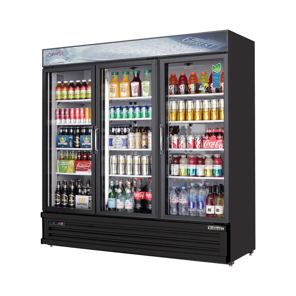 Everest Refrigeration EMSGR69B 72 7/8" EM Series Three Section Glass Door Merchandiser - (3) Left/Right Hinge Doors, Black, 115v