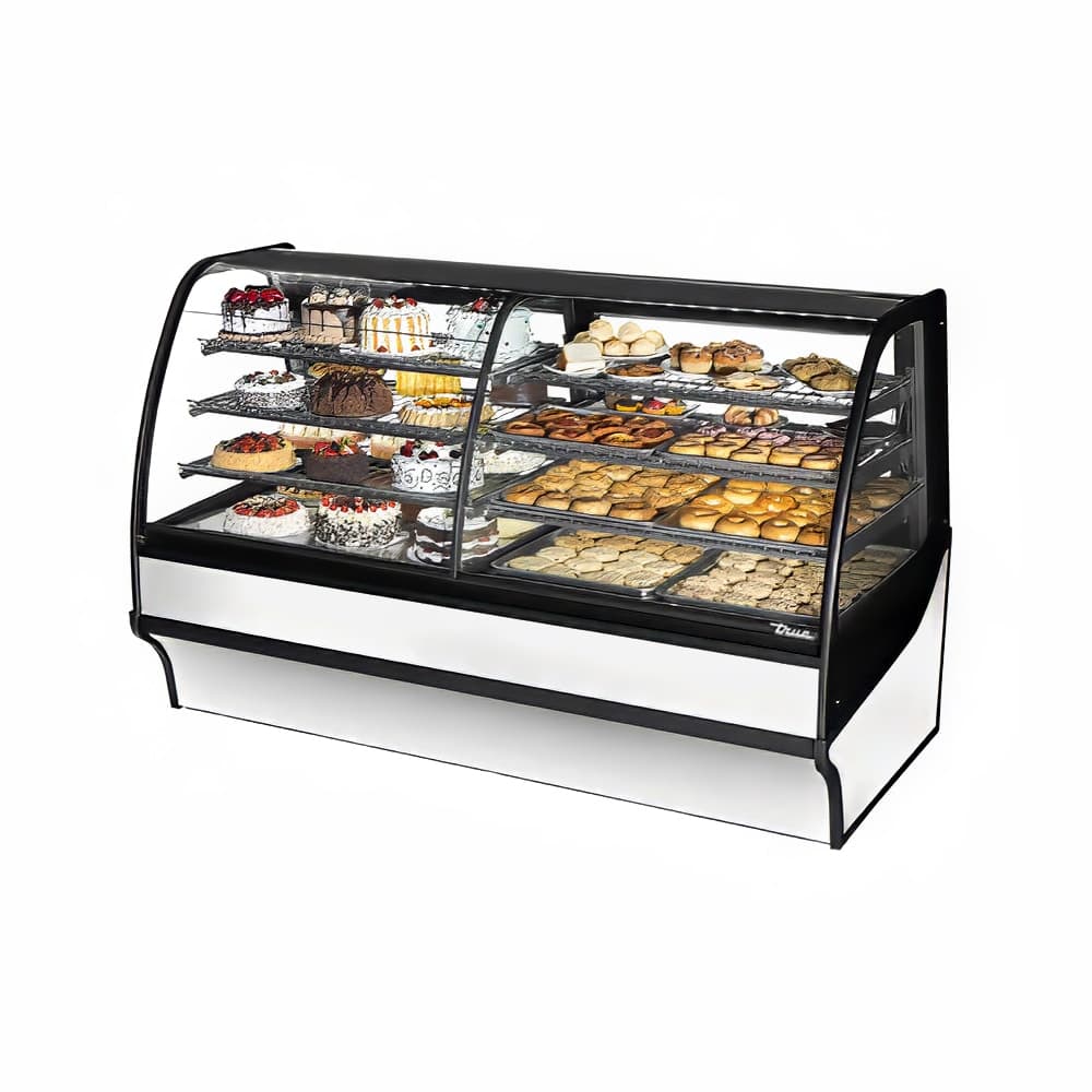 True TDM-DZ-77-GE/GE-S-W 77 1/4" Full Service Dual Zone Bakery Case w/ Curved Glass - (4) Levels, 115v
