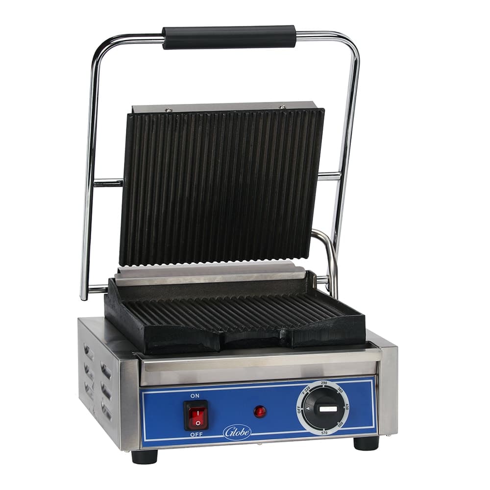 Globe GPG10 Single Commercial Panini Press w/ Cast Iron Grooved Plates, 120v