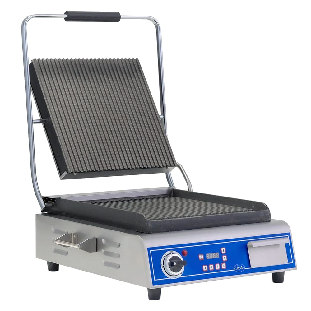 Globe GPG14D Single Commercial Panini Press w/ Cast Iron Grooved Plates, 120v