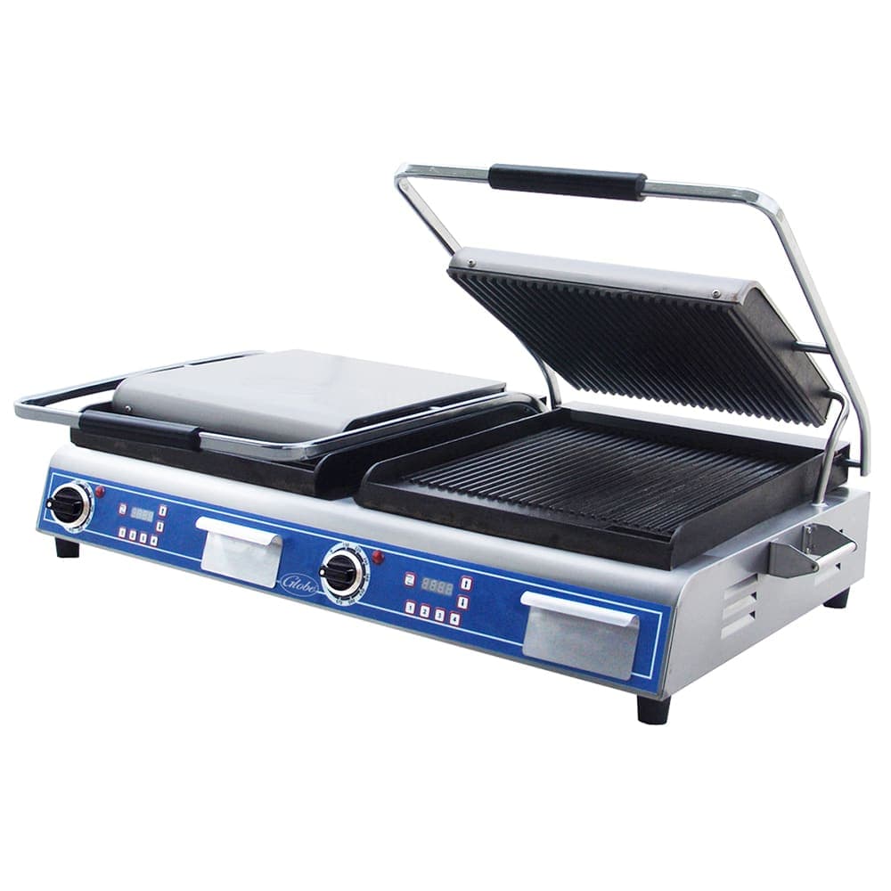 Globe GPGDUE14D Double Commercial Panini Press w/ Cast Iron Grooved Plates, 208-240v/1ph